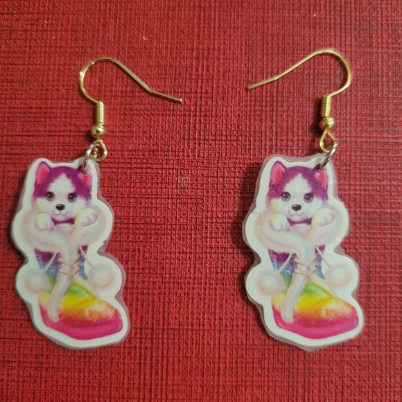 Lisa Frank Inspired Handmade Dangle Earrings  Upcycled Plastic with Cute Puppies - Picture 4 of 7